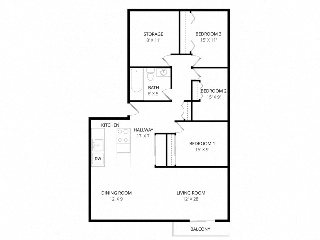 Floor plan for 3 beds, 1 bath, 1300 sqft